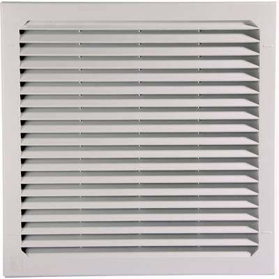 Kvadratna ventilacijska rešetka s horizontalnim lamelama od bijelog plastičnog materijala za prozračivanje ili pokrivanje ventilacijskih otvora.