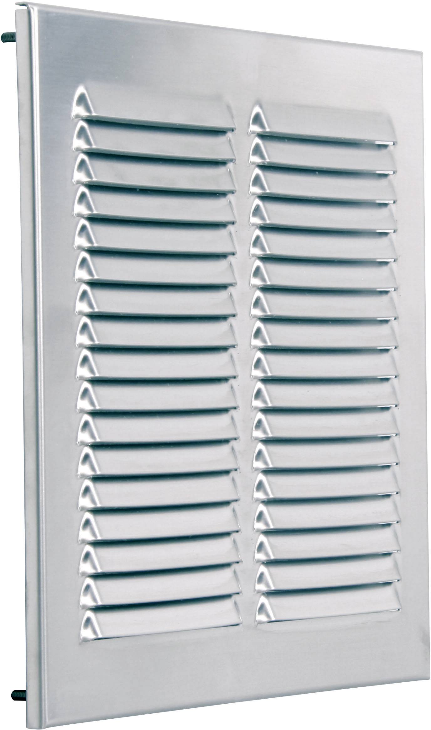 Aluminijski ventilacijski rešetkasti poklopac s horizontalnim prorezima, pravokutan, srebrne boje.