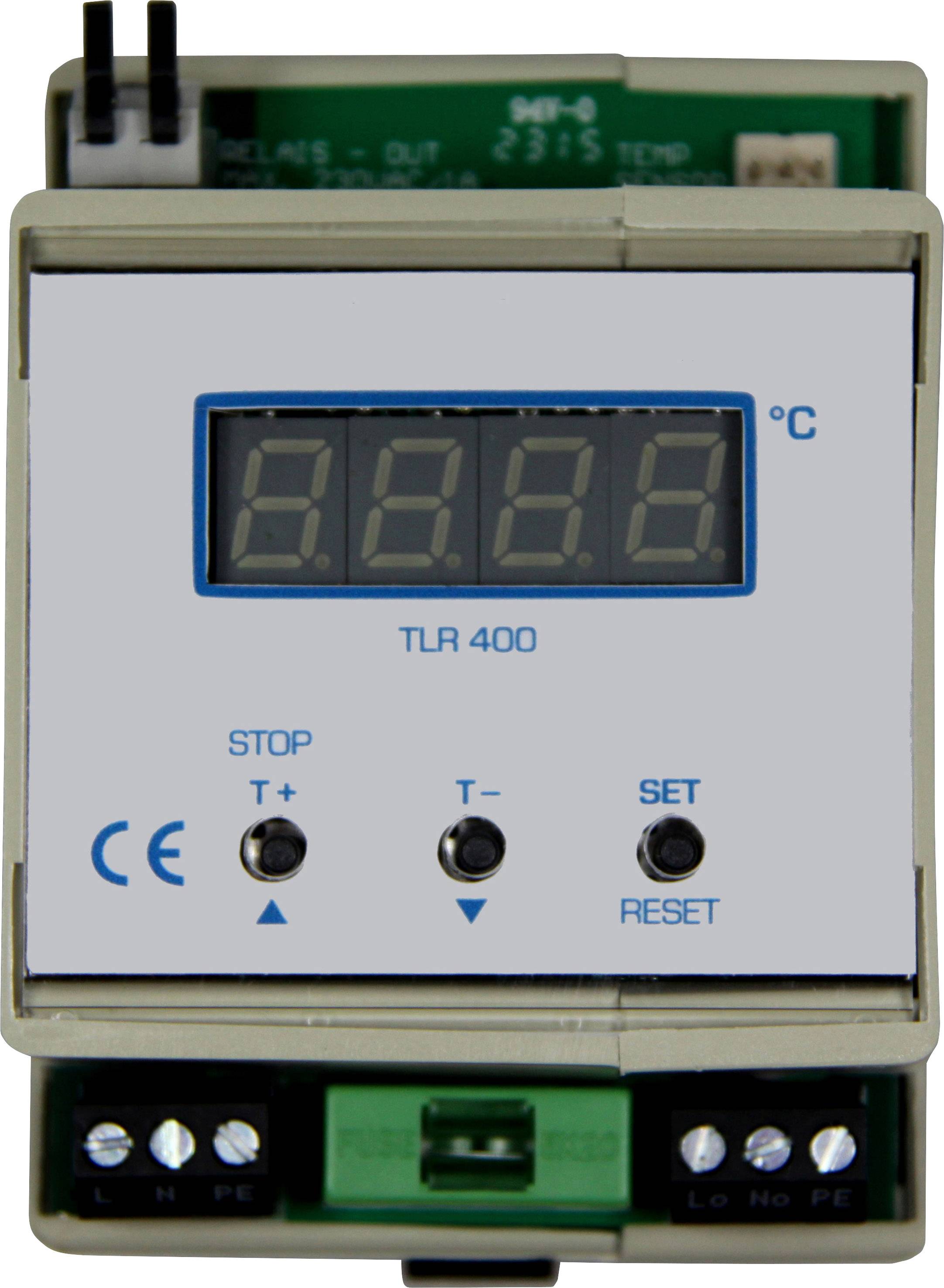 Digitalni uređaj za regulaciju temperature s LED zaslonom, tipkama za podešavanje temperature i resetiranjem. Model TLR 400. Prikazuje temperature u stupnjevima Celzija.