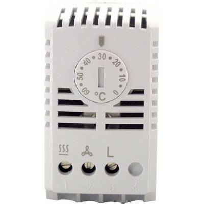 Bijeli termostat s regulacijskim kotačićem od 0 do 60 stupnjeva Celzijusa, pokazuje 20 stupnjeva. Tri kontrolne ikone ispod za grijanje, ventilaciju i rasvjetu.