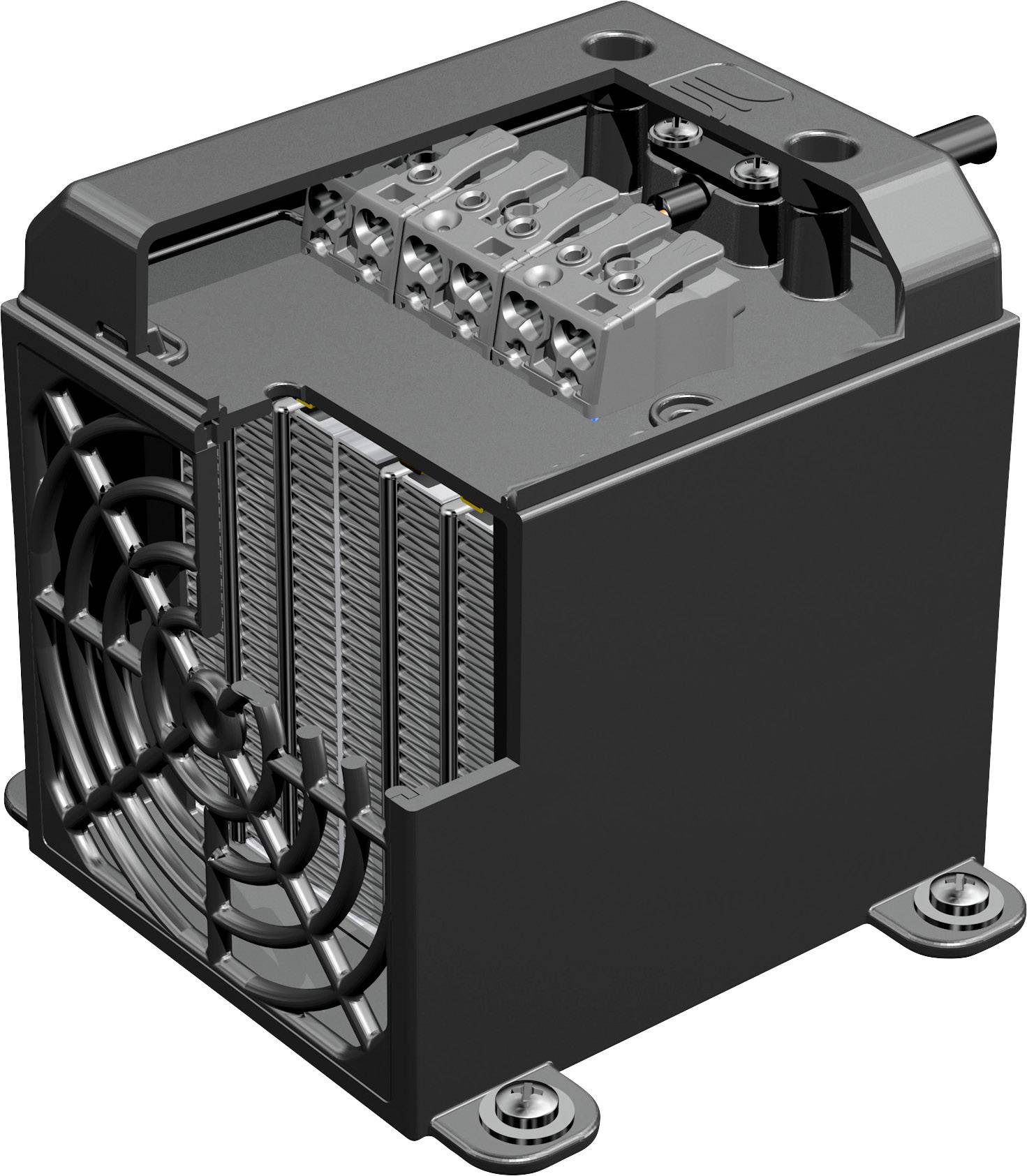 Crni elektromagnetski uređaj s rebrima za hlađenje, ventilatorom i nekoliko električnih priključnih stezaljki, vjerojatno transformator.