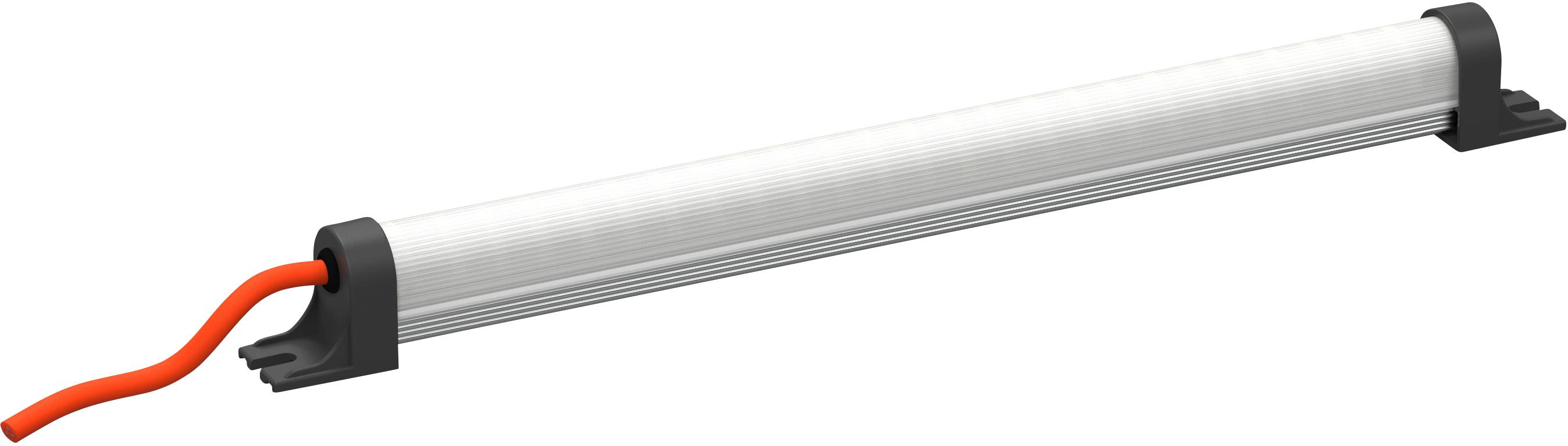 Dugi, cilindričan LED-reflektor s crvenim kabelom, postavljen između dvije crne držačke, vjerojatno za osvjetljenje.