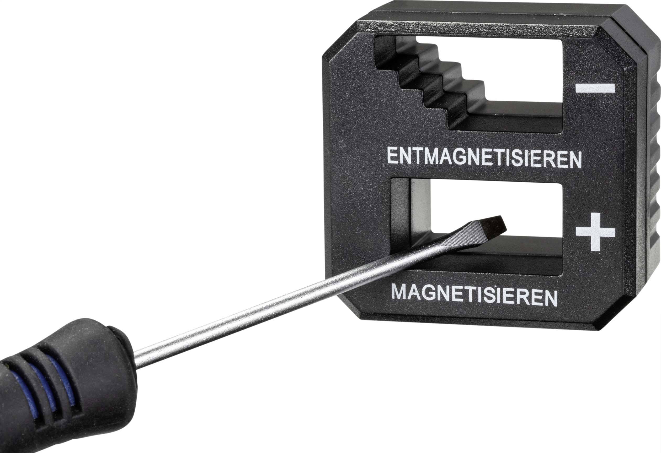 Odvijač se uvodi u alat koji ga magnetizira ili demagnetizira. Alat ima dvije označene otvore.