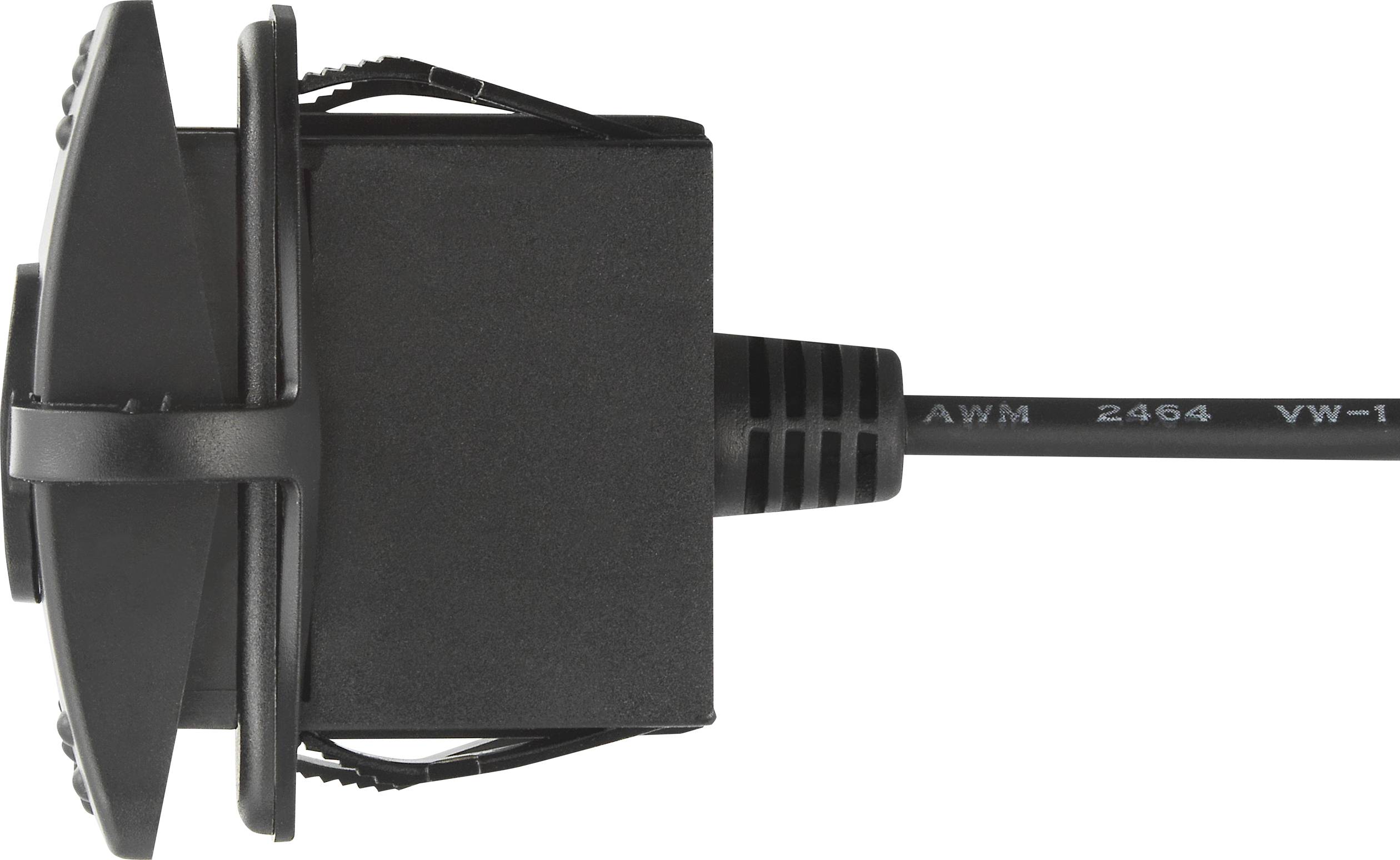 Crni elektronički uređaj s priključenim kabelom, prikazan sa strane.