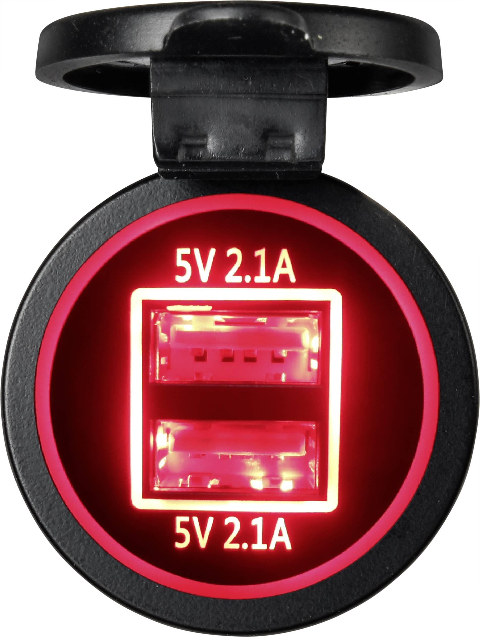 Okrugli auto punjač s dva USB priključka i crvenom LED svjetlošću, prikazuje '5V 2.1A'. Pogodan za istovremeno punjenje dva uređaja.