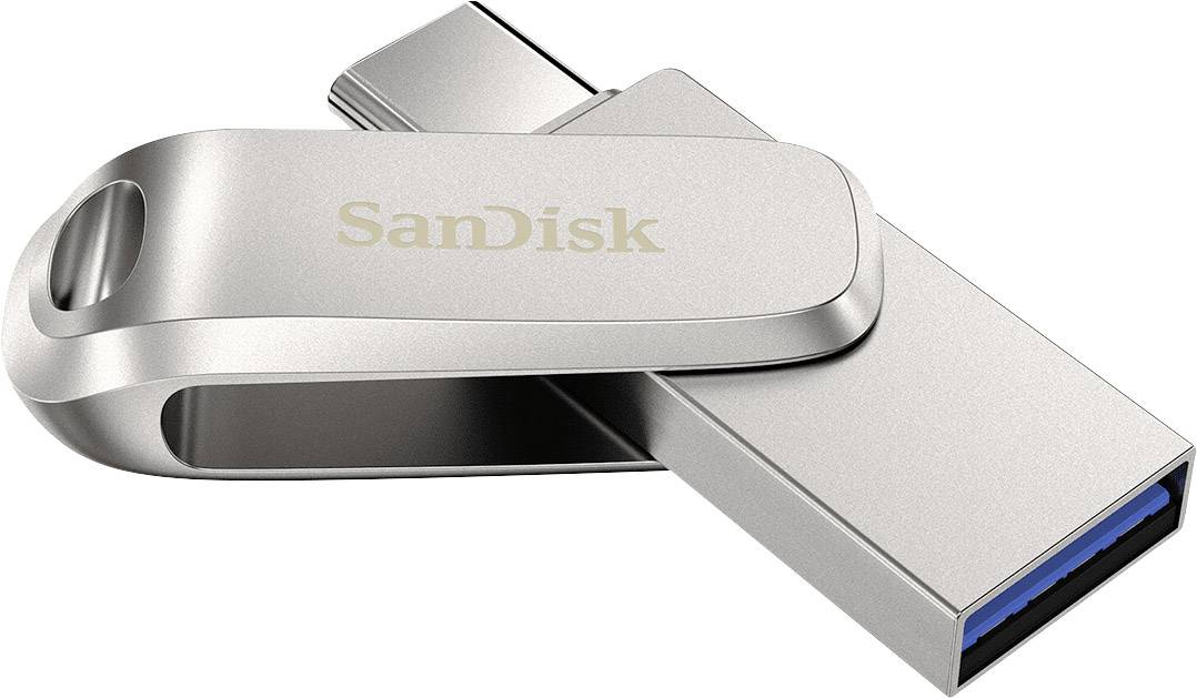 Srebrni USB stick s natpisom 'SanDisk' na površini. USB priključak je istaknjen plavom bojom.