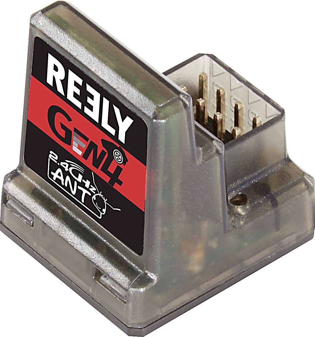 Mali, prozirni adapter za spajanje s naljepnicom 'REELY GEN II'. Ima nekoliko metalnih pinova za elektroničko povezivanje.