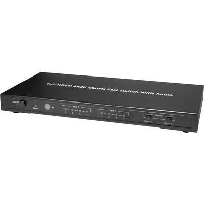 Crni 4x2 HDMI 4K2K matrica za brzo prebacivanje s audio funkcijom. Prednja strana prikazuje ulazne i izlazne opcije sa preklopkama.