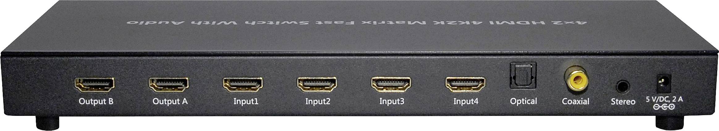 HDMI-switch s šest HDMI priključaka, dva izlaza (A i B) i četiri ulaza. Dodatni priključci: optički, stereo, upravljanje.