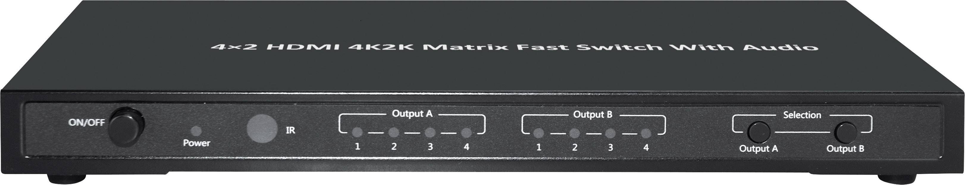 Crni HDMI preklopnik s četiri ulaza i dva izlaza. Tipke za upravljanje i natpis '4x2 HDMI 4K2K Matrix Brzi Preklopnik Sa Zvukom' na vrhu uređaja.