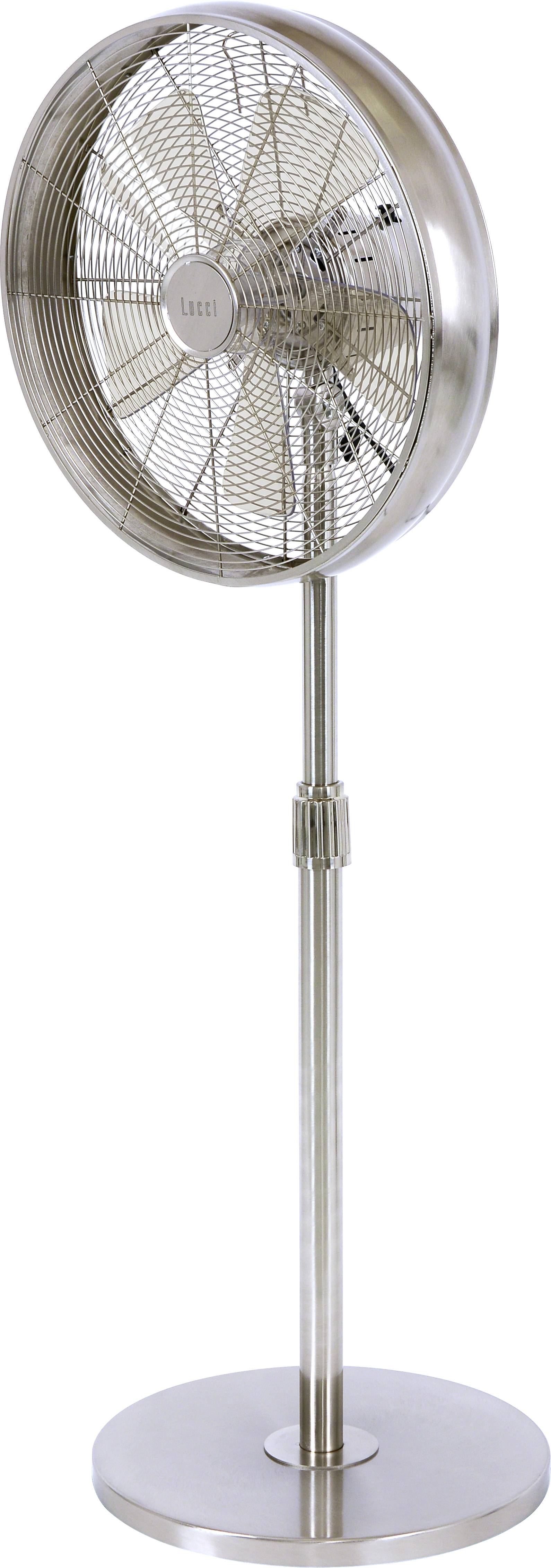 Metalni stupni ventilator s podesivom bazom, prikazuje lopatice ventilatora iza zaštitne rešetke. Pogodan za hlađenje prostorije.