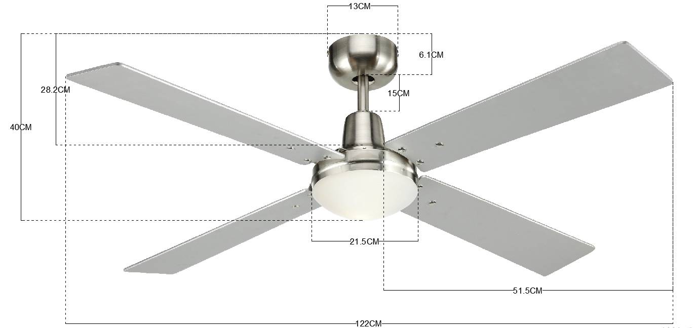 Stropni ventilator sa 4 srebrna krila. Ukupni promjer 122 cm, visina 40 cm. Osvjetljeni centar. Pogodan za moderne prostore.