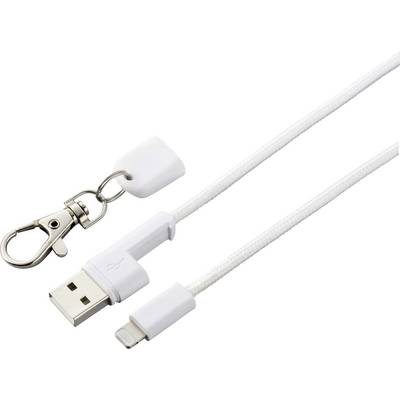 Bijeli USB kabel s micro-USB i Lightning priključcima, opremljen privjeskom za ključeve i metalnom kopčom.