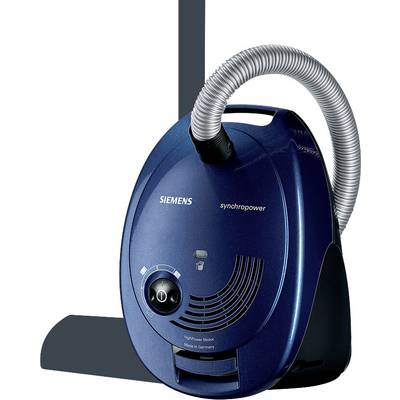 Plavi usisavač Siemens s zakrivljenom cijevi. Natpis modela 'synchropower'.