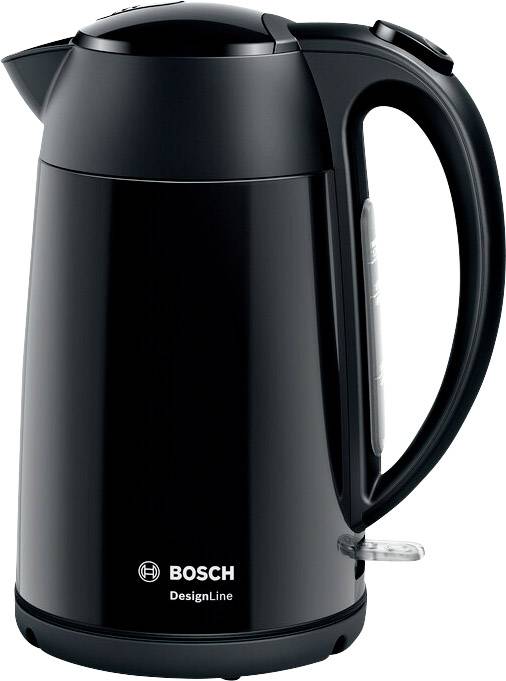 Crni električni kuhalo za vodu marke Bosch, model DesignLine, na bijeloj pozadini.