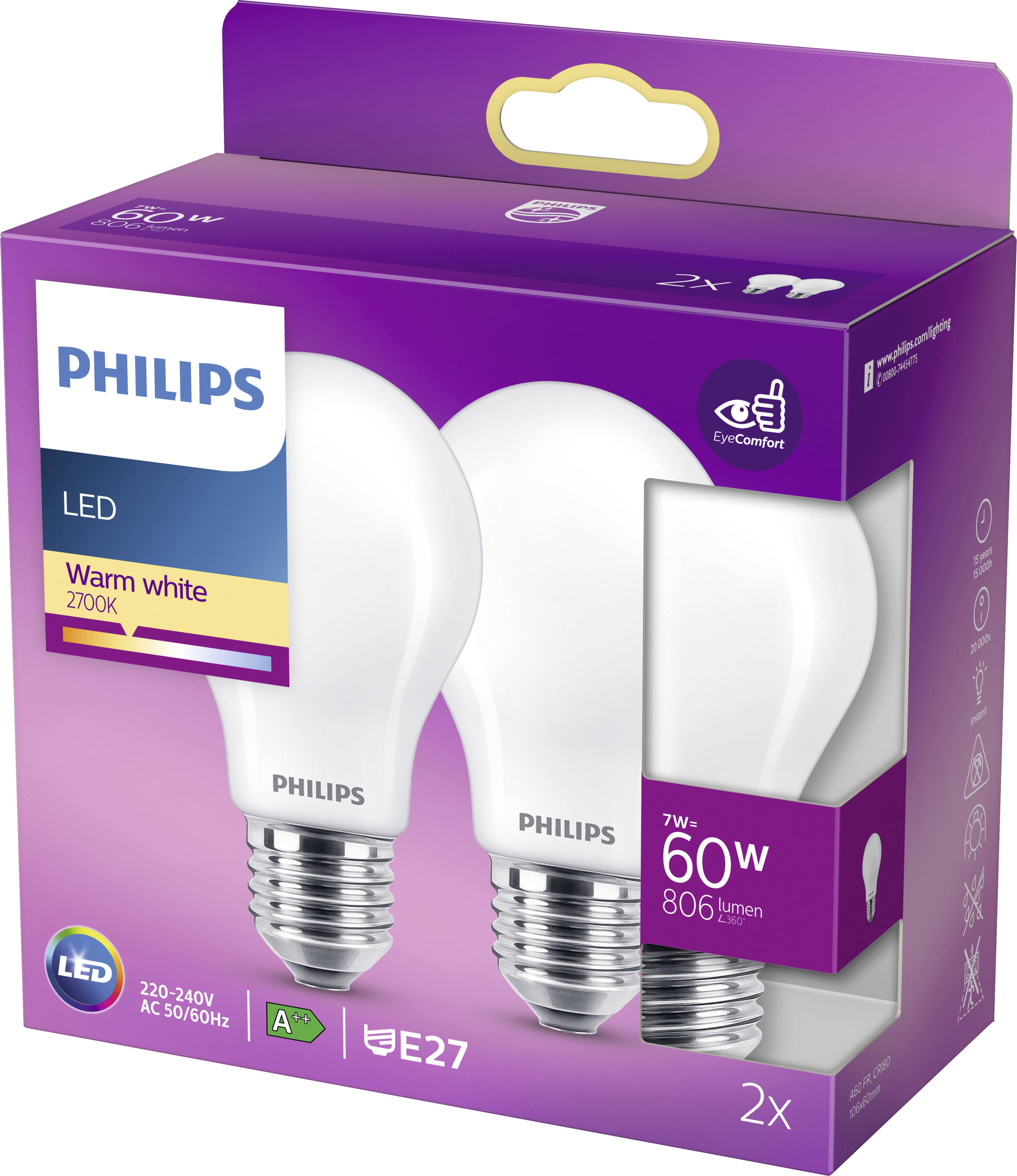 Dvije LED žarulje u ljubičastoj ambalaži. Na pakiranju piše 'Philips', 'Toplo bijelo', '60W', '806 lumena', 'E27'.