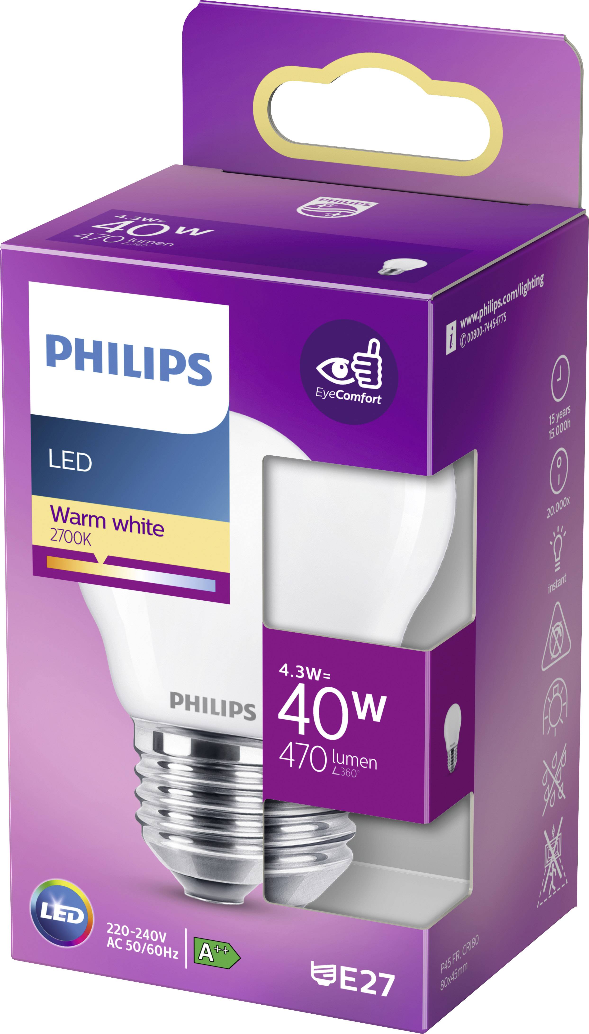 Philips LED žarulja u pakiranju s oznakama tople bijele boje svjetla 2700K, snage 40W i 470 lumena. E27 podnožje.