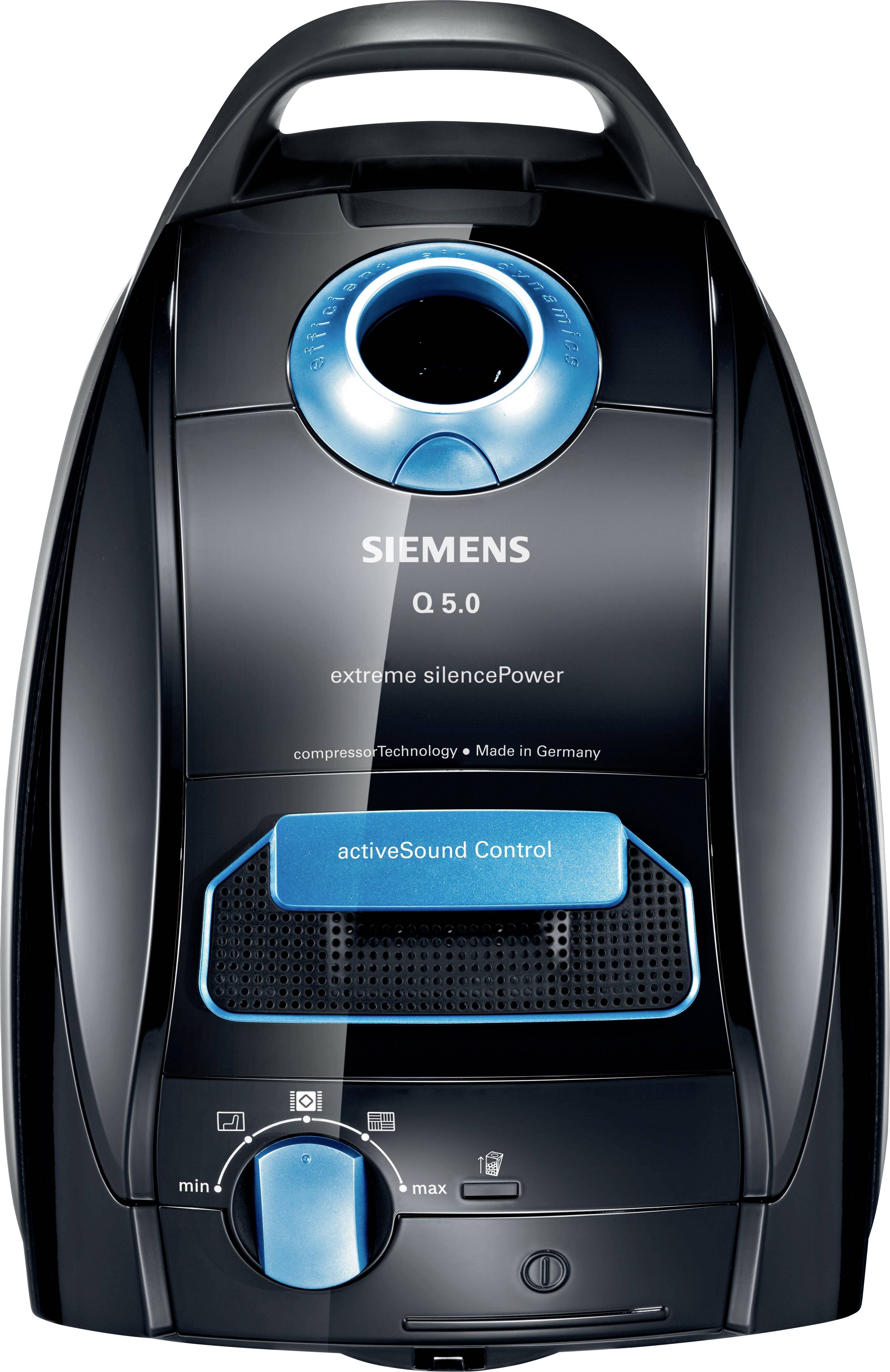 Crni Siemens usisavač s plavim naglascima, model 'Q 5.0', s natpisom 'extreme silencePower', 'activeSound Control'.