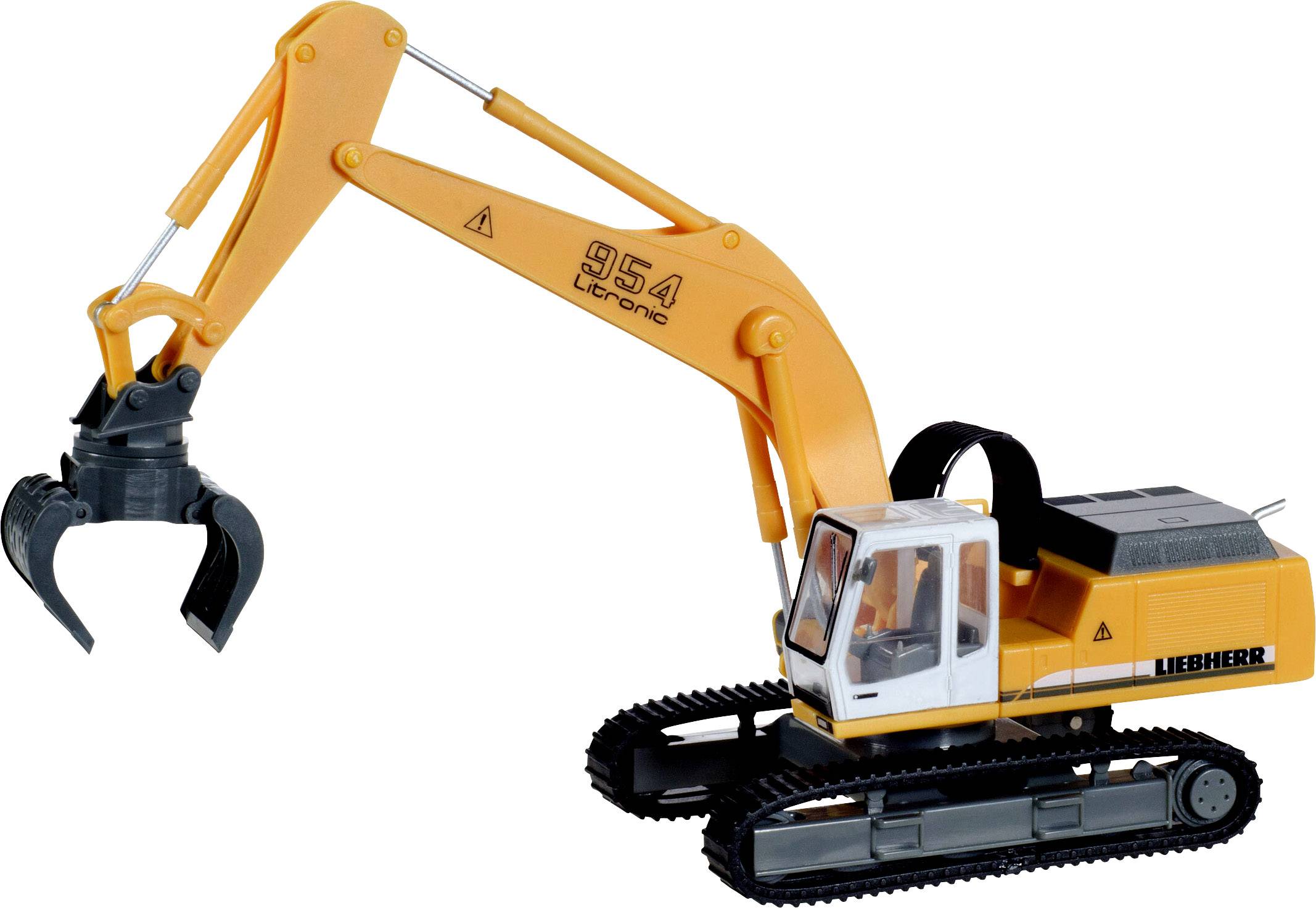Žuto-narančasti bager s hvataljkom na gusjenicama. Model 'Liebherr 954'. Igračka verzija s detaljima originalnog stroja.