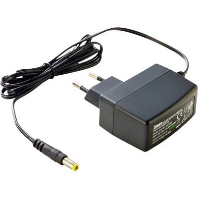 Crni AC adapter sa namotanom kablom i bačvastom utičnicom, prikazan na bijeloj pozadini.