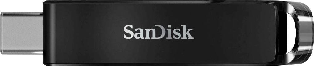 Crni USB stick SanDisk s USB-C priključkom, pogodan za pohranjivanje podataka na računalima i drugim uređajima.