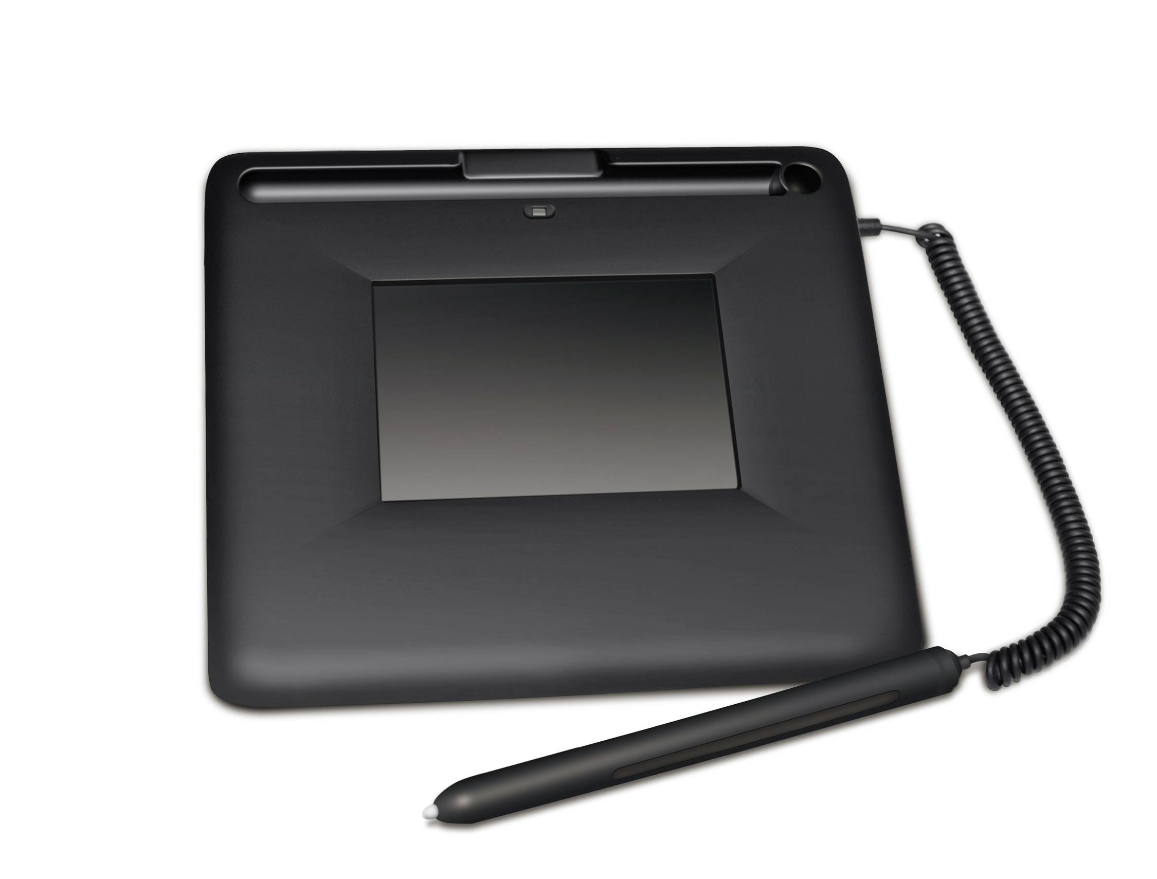 Crni grafički tablet s olovkom, povezani spiralnim kabelom, leži na svijetloj površini.