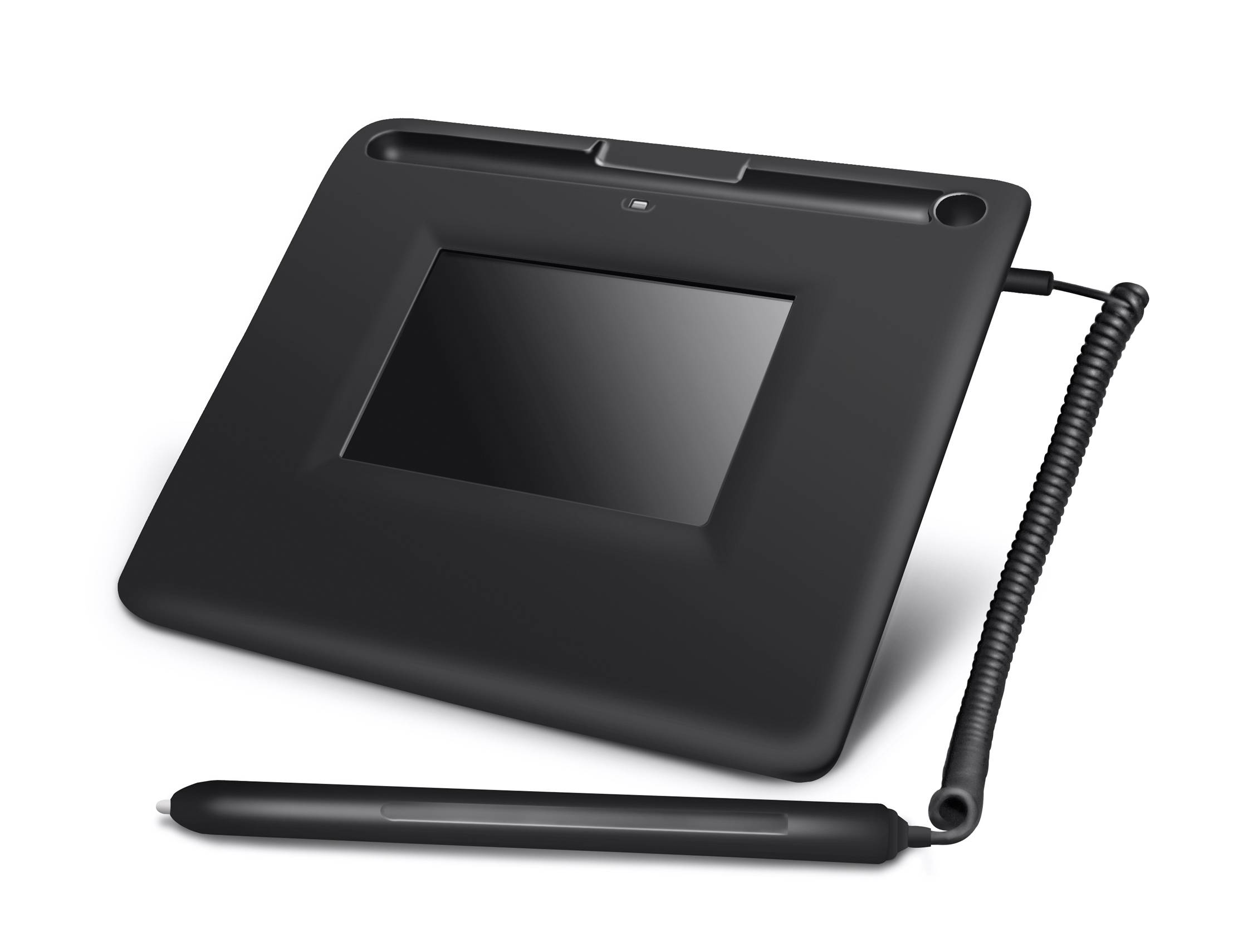 Crni grafički tablet s olovkom pored njega. Uređaj ima mali zaslon i povezan je kabelom.