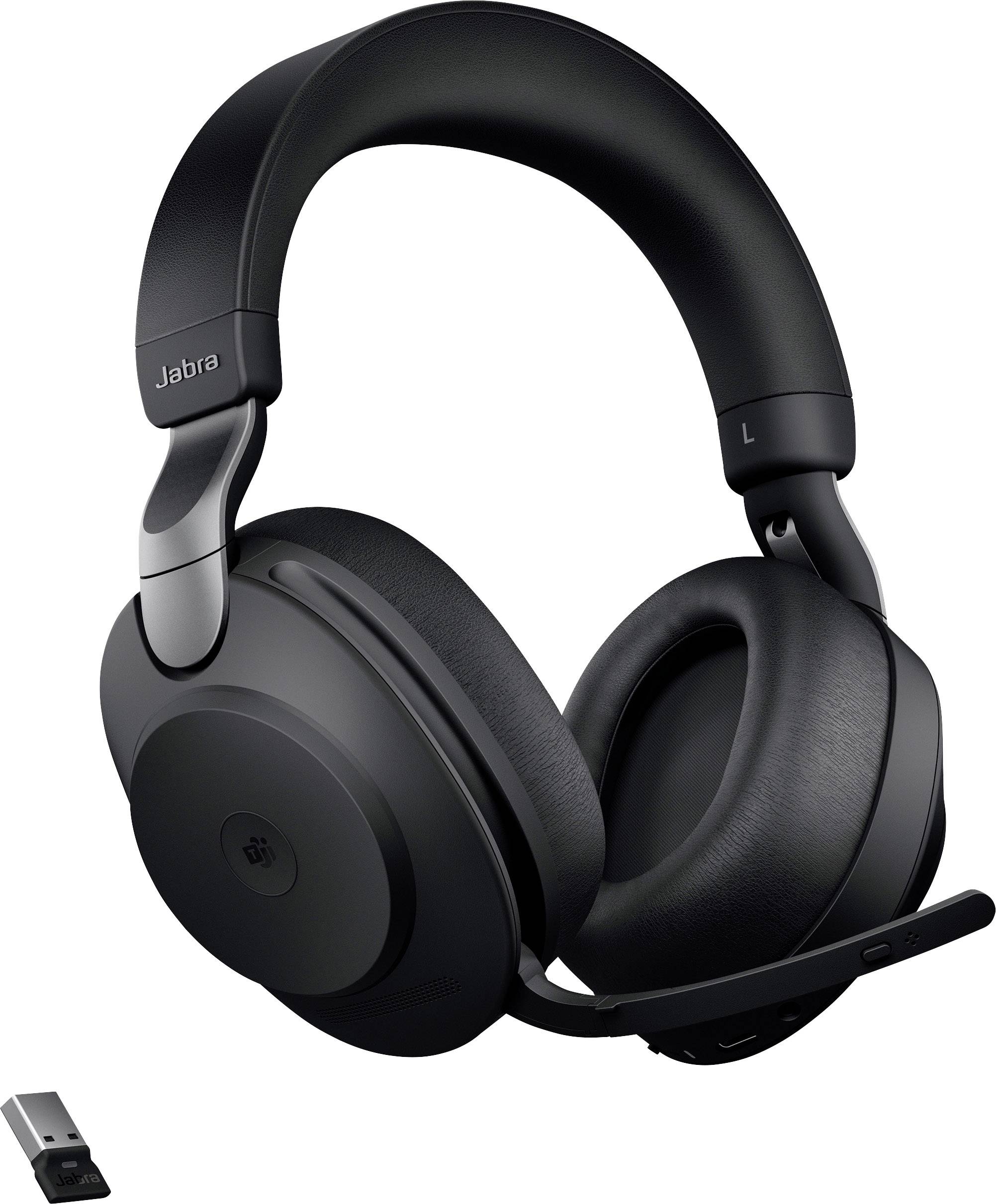 Crni over-ear slušalice s mikrofonom od Jabre, lebdeći pored malog USB donglea, pogodan za bežične audio veze.