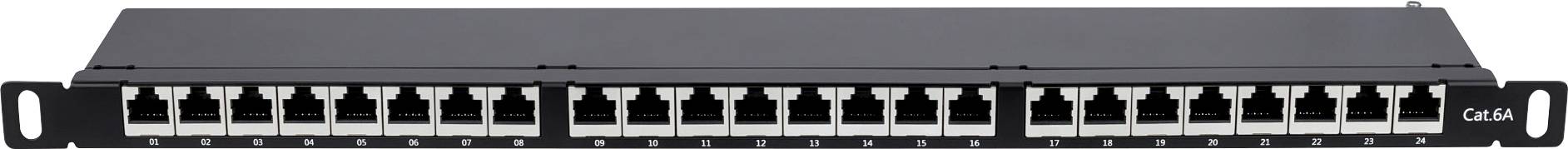 24-portni patch panel za mrežne kablove, montiran u rack ormar, namijenjen upravljanju i organizaciji povezivanja u serverskoj prostoriji.
