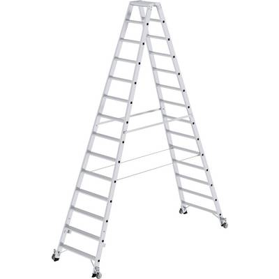 Bijela, sklopiva aluminijska ljestve stoje otvorene na četiri kotača.