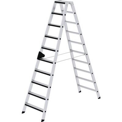 Slika prikazuje dvostupanjsku aluminijsku ljestve u A-obliku. Ljestve imaju crne gazne surface i koriste se za radove na visini.