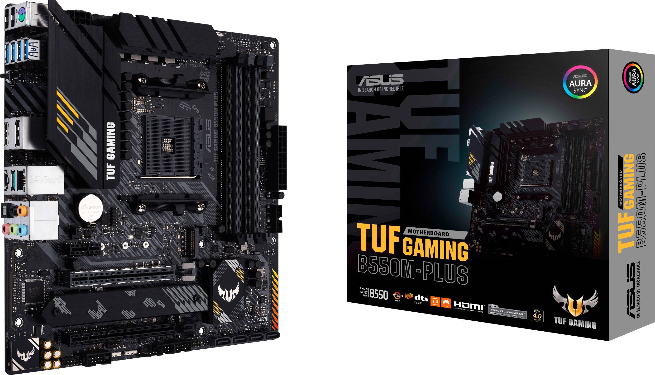 ASUS TUF Gaming B550M-Plus matična ploča pored svoje ambalaže. Pogodan za gaming računala, podržava Aura Sync za RGB osvjetljenje.