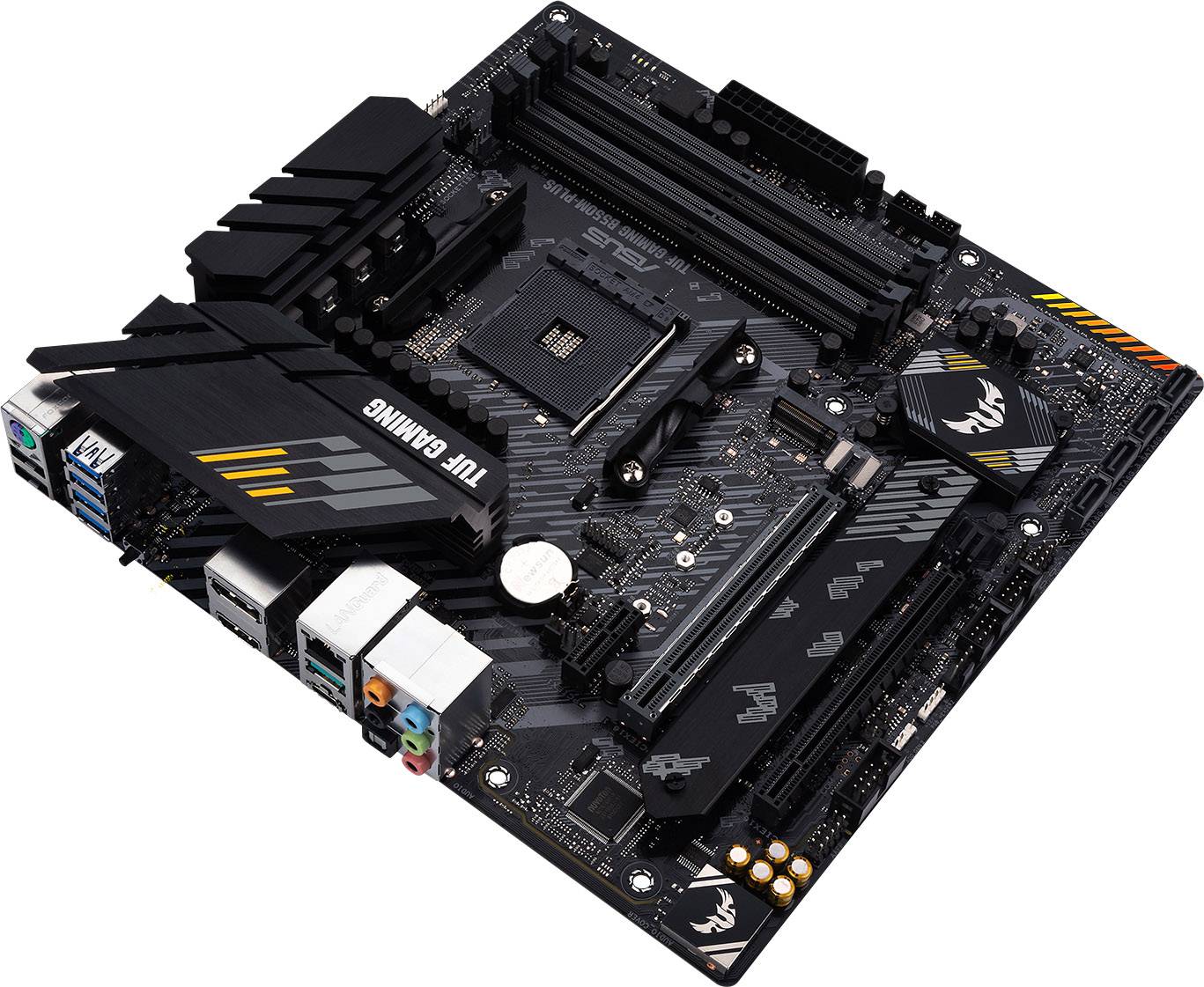 Matična ploča s više PCIe utora, USB priključaka, audio portova i hladnjaka, pogodna za gaming računala.