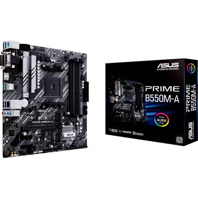 Prikazan je ASUS Prime B550M-A matična ploča pored svoje ambalaže. Matična ploča ima PCIe utore i USB priključke.