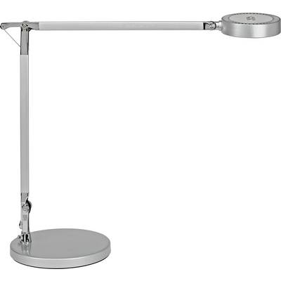 Moderna, srebrna stolna lampa s podesivom rukom i okruglom glavom lampe.