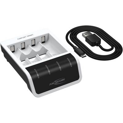 Punjač za AA/AAA baterije s četiri mjesta za punjenje, USB punjački kabel, crni i bijeli dizajn, pogodan za udobno punjenje.