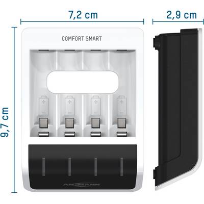 Punjač za četiri AA/AAA baterije, poklopac se skida s desne strane. Dimenzije: 7,2 cm širine, 9,7 cm visine, 2,9 cm dubine.