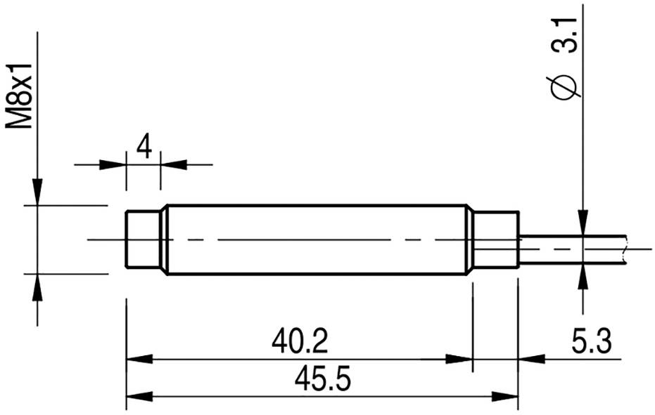 Tehnički nacrt cilindričnog dijela s mjerama: ukupna duljina 45,5 mm, širina 4 mm. Navoj M8x1, promjer rupe 3,1 mm.