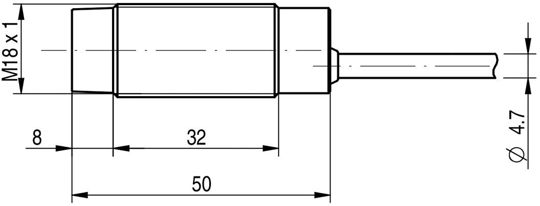 Tehnički nacrt cilindričnog objekta s dimenzijama: ukupna duljina 50 mm, promjer 18 mm, te šipka 4,7 mm.