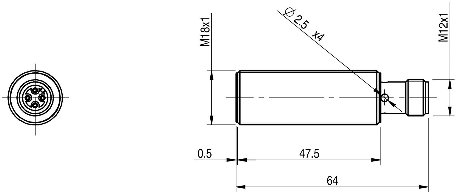 Tehnički nacrt cilindričnog elektroničkog komponenta s dimenzijama: duljina 64 mm, promjer 2,5 mm x 4. Sadrži priključke M18x1 i M12x1.