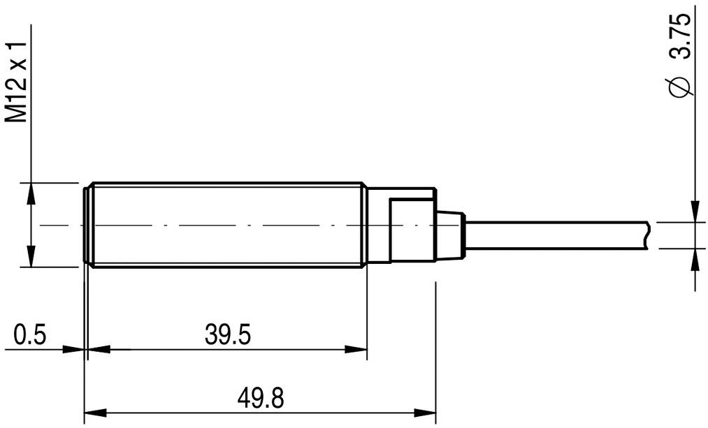 Tehnički nacrt cilindričnog objekta s mjerama: ukupna duljina 49,8 mm, cilindrični dio 39,5 mm; navoj M12 x 1.