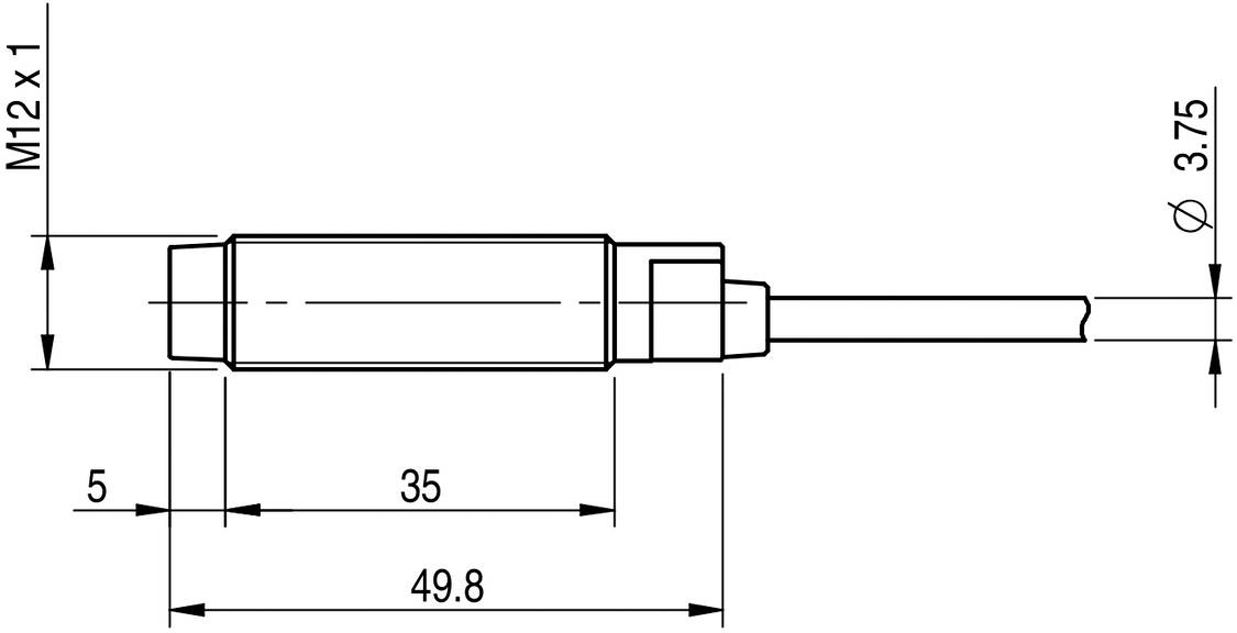 Tehnički nacrt cilindričnog senzora s M12 x 1 navojem, ukupne duljine 49,8 mm, s kabelskim priključkom.