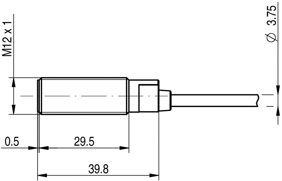 Tehnički nacrt cilindričnog dijela: duljina 39,8 mm, promjer 3,75 mm, navoj M12 x 1, završni dio s priključkom za kabel.