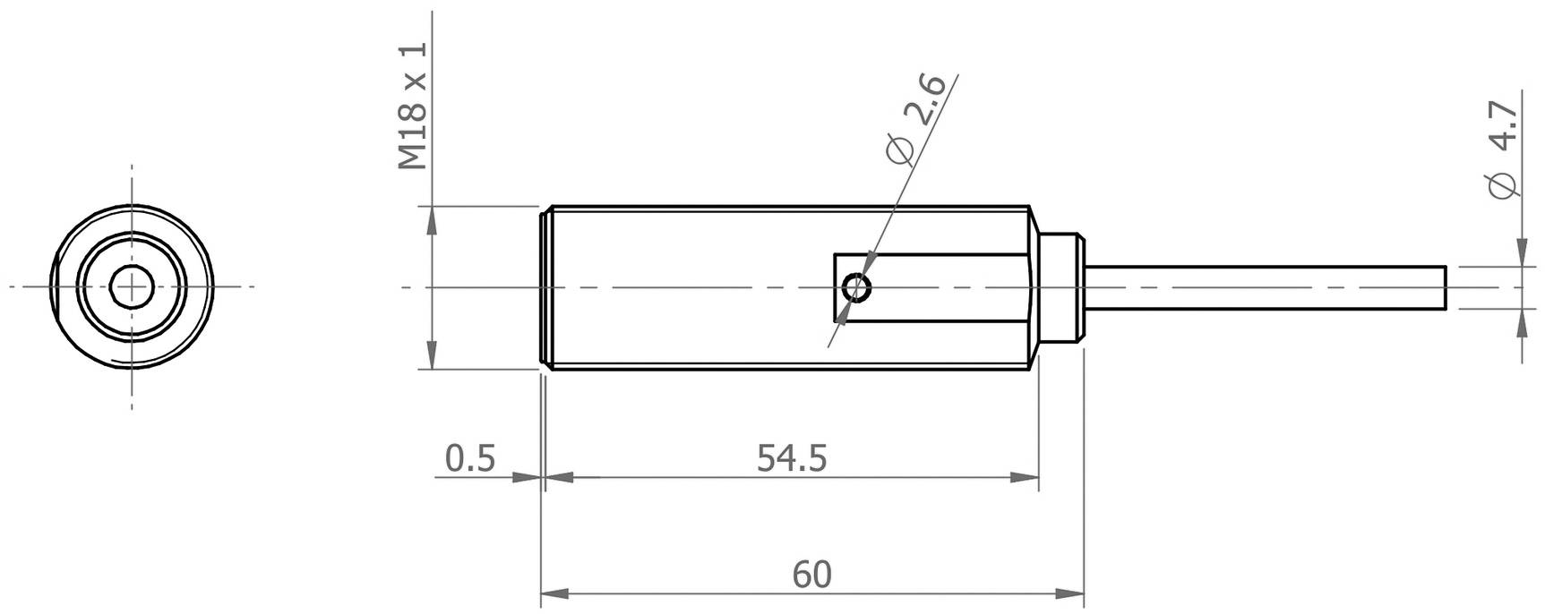 Tehnički nacrt cilindričnog senzora s dimenzijama: duljina 60 mm, promjer 18 mm. Prikazani bočni i pogled odozgo.