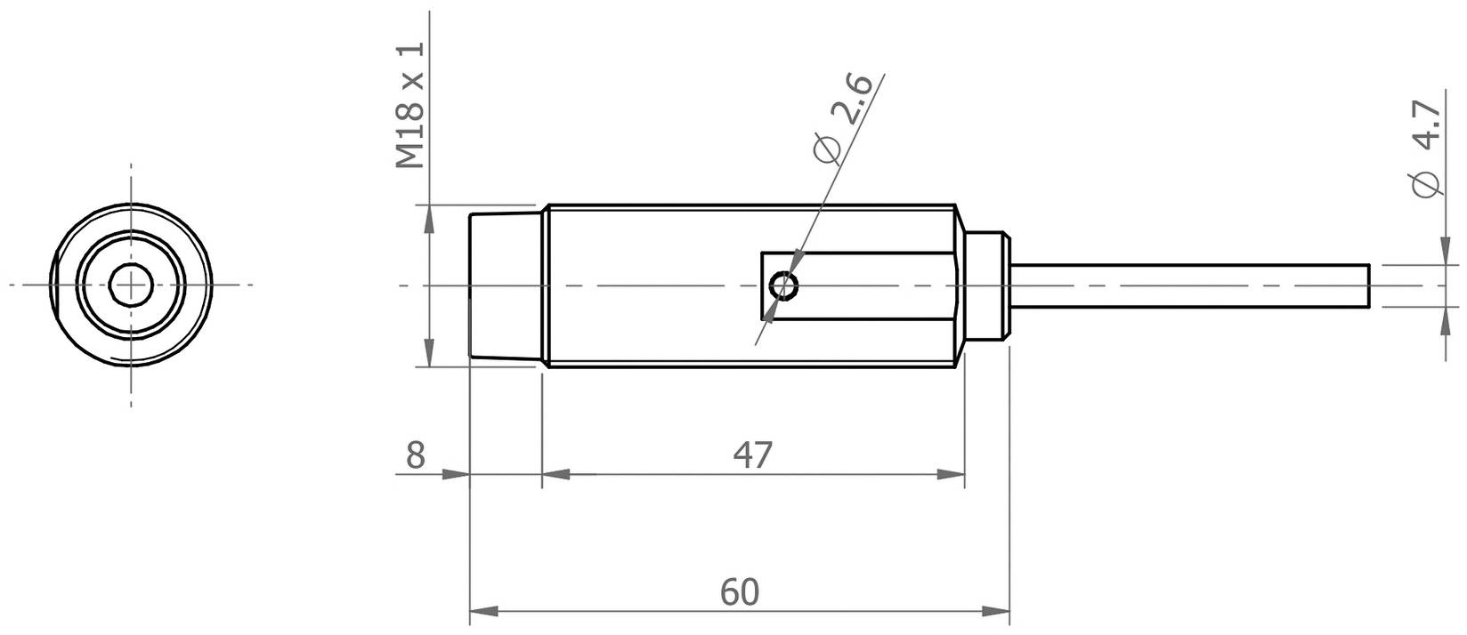 Tehnički crtež cilindričnog senzora s dimenzijama: duljina 60 mm, promjer 18 mm, promjer kabela 4,7 mm.