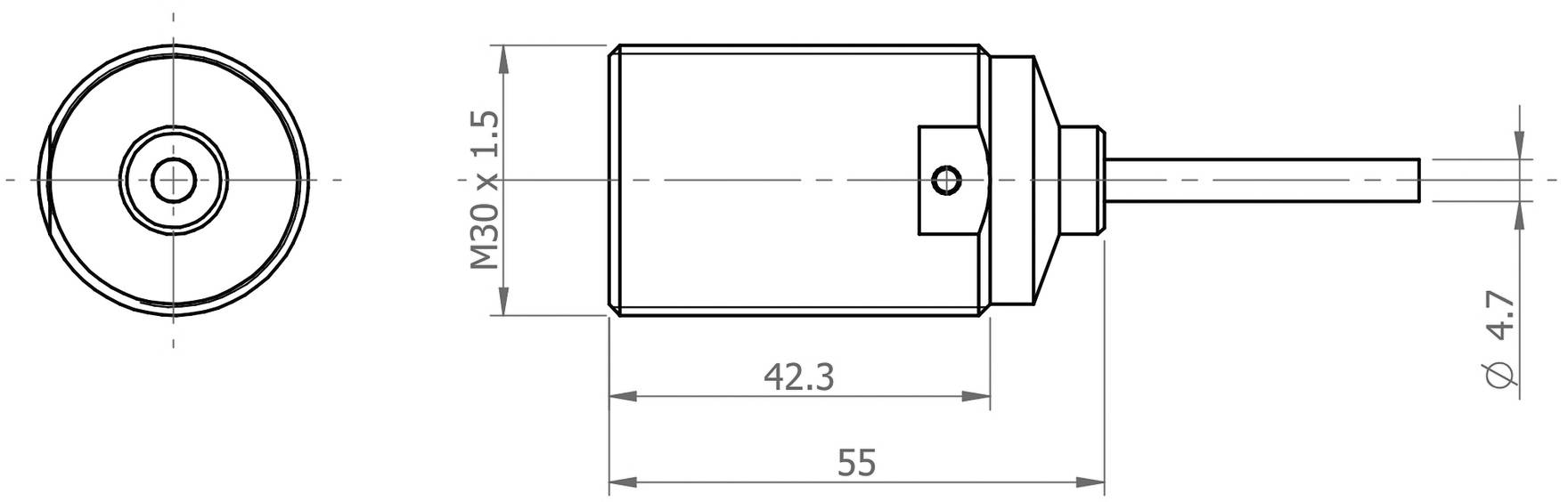Tehnički nacrt cilindričnog senzora s navojem M30 x 1,5, duljine 55 mm. Prikazuje bočni i pogled odozgo.