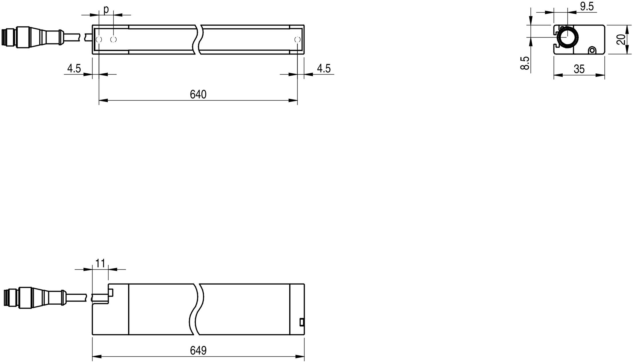 Tehnički nacrt cilindra s dimenzijama: duljina 640 mm, promjer 35 mm. Prikazuje i položaj priključka za kabel.