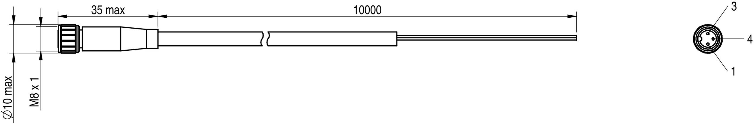 Tehnički nacrt cilindričnog senzora s navojem M8 x 1, ukupne duljine 10000 mm, maksimalnog promjera 10 mm. Pogled odozgo prikazuje tri priključka.