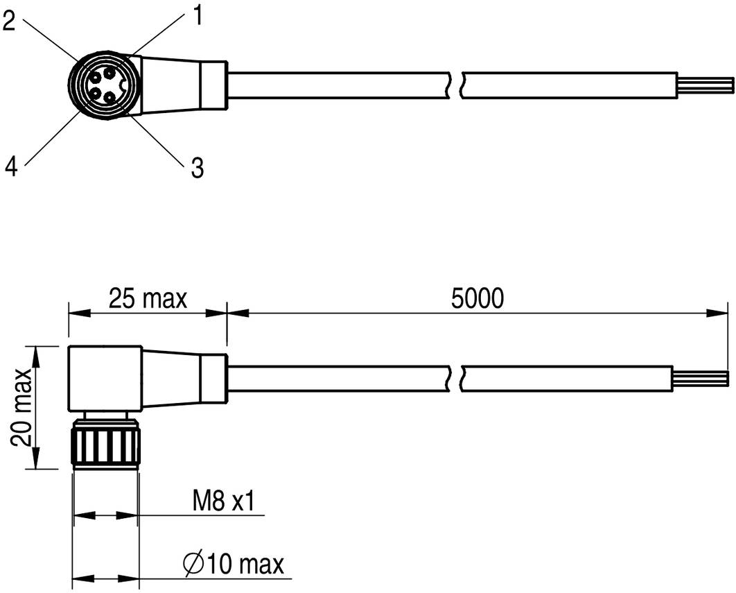 Utikač: Četveropolarni, dimenzije: Duljina 5000 mm, širina 25 mm maks., Ø 10 mm maks. Spoj M8 x1, pogled sa strane s numeracijom.