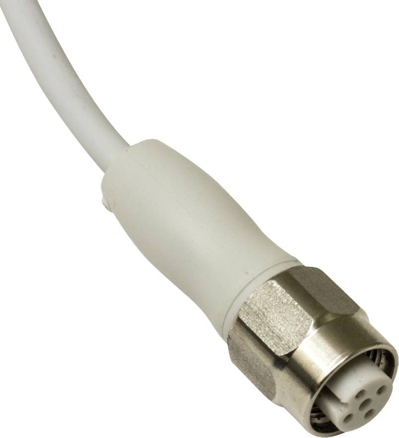 Bijeli kabel za povezivanje s okruglim metalnim utikačem, najvjerojatnije za elektroničke uređaje.